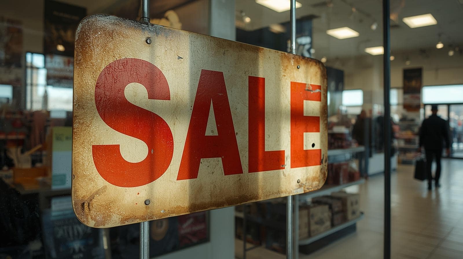 aged SALE sign inside a retail store