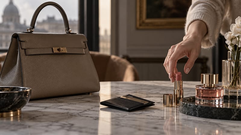 Show an elegant high-end leather handbag on one side of a table and a small premium beauty product such as lipstick or fragrance on the other. A wallet or payment card sits between them, while a human hand naturally reaches toward the beauty product.