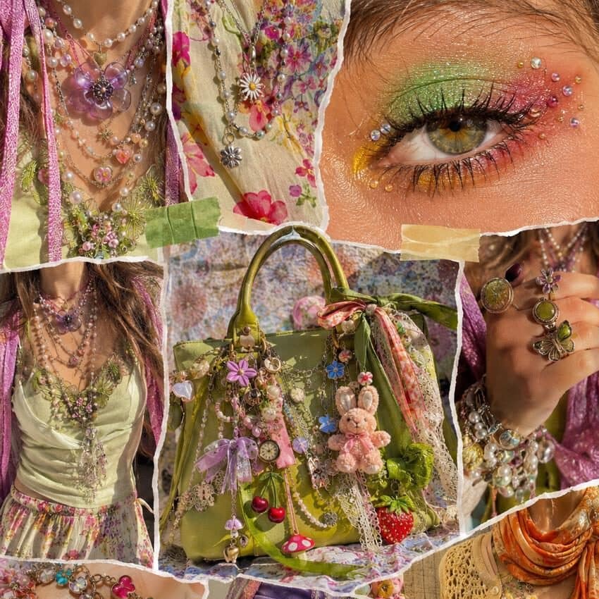 Whimsical fashion trend 2026 collage featuring bag charms, coquette bows, lace layers, Mary Jane shoes, and watercolor-inspired makeup aesthetic