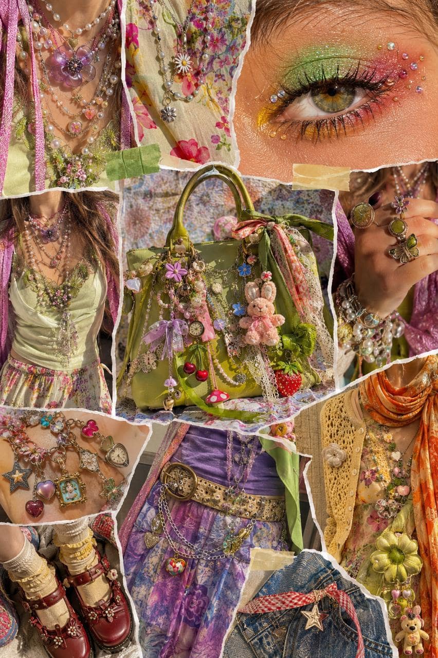Whimsical fashion trend 2026 collage featuring bag charms, coquette bows, lace layers, Mary Jane shoes, and watercolor-inspired makeup aesthetic